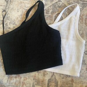 American Eagle Outfitters One-Shoulder Ribbed Crop Tops — Black & White Duo